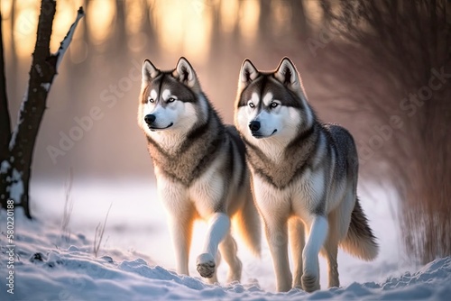 outside  with two Siberian huskies strolling side by side. Generative AI