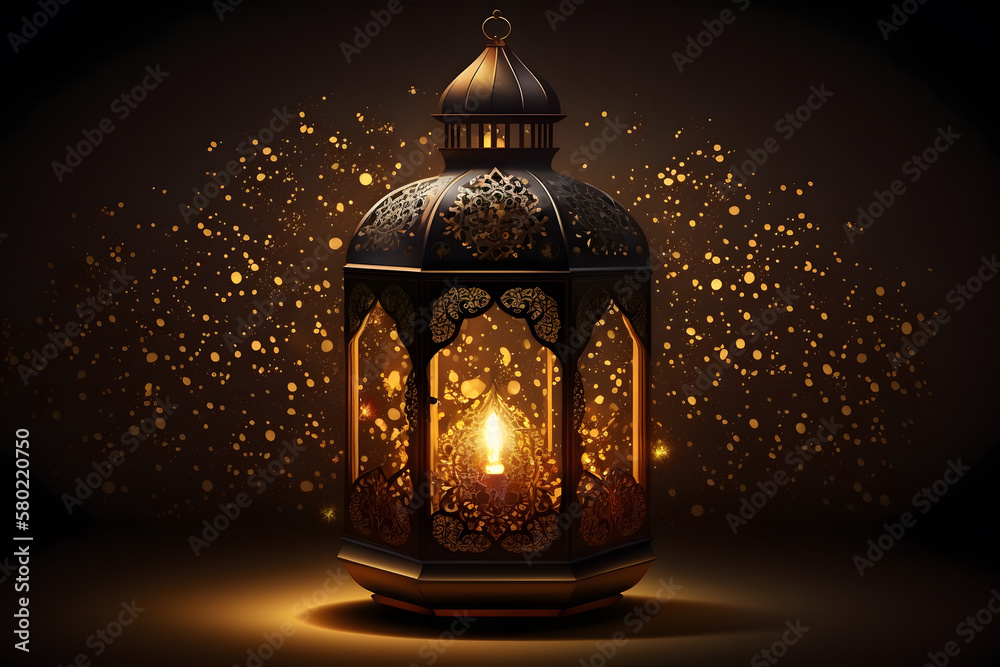 Ornamental Arabic lantern with burning candle glowing at night made with Generative AI