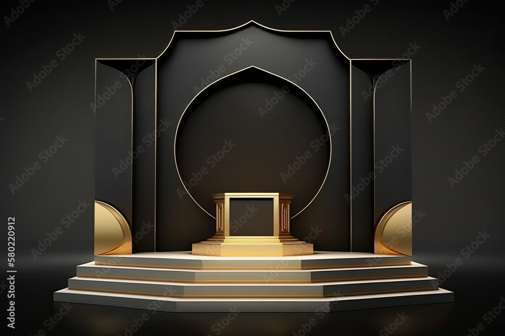 Dark gold Islamic ramadan podium platform for display product, presentation stage base AI Generated Dark gold Islamic ramadan podium platform for display product, presentation stage base AI Generated