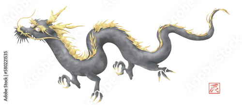 辰年, 年賀状, 辰, 龍, 2024年, ドラゴン, 水彩, 金箔, ベクター,