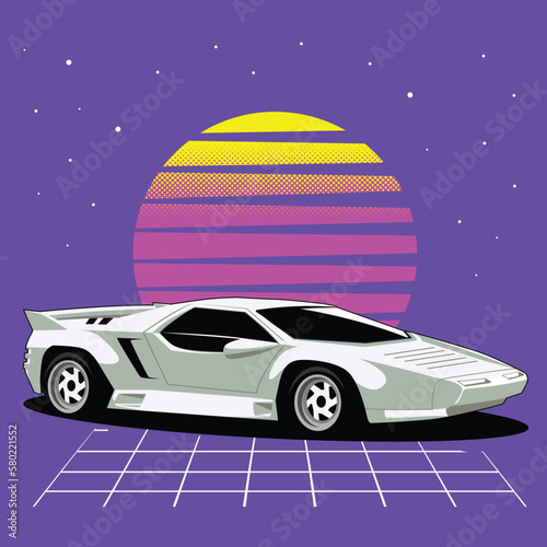 Retro 80s sci-fi futuristic style background with supercar. Vector retro futuristic synth wave illustration in 1980s posters style. Retro Nostalgic vaporwave cyberpunk artwork with vibrant neon colors