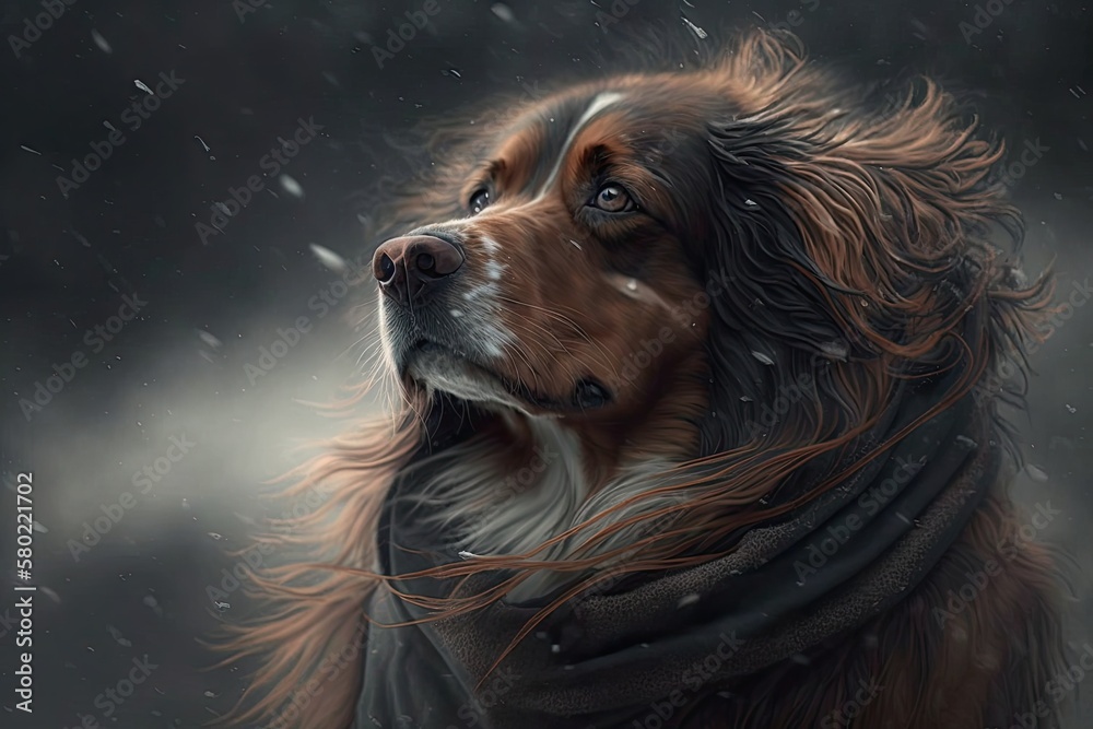 A dog is sitting in the cold winter wind with its eyes closed. Generative AI