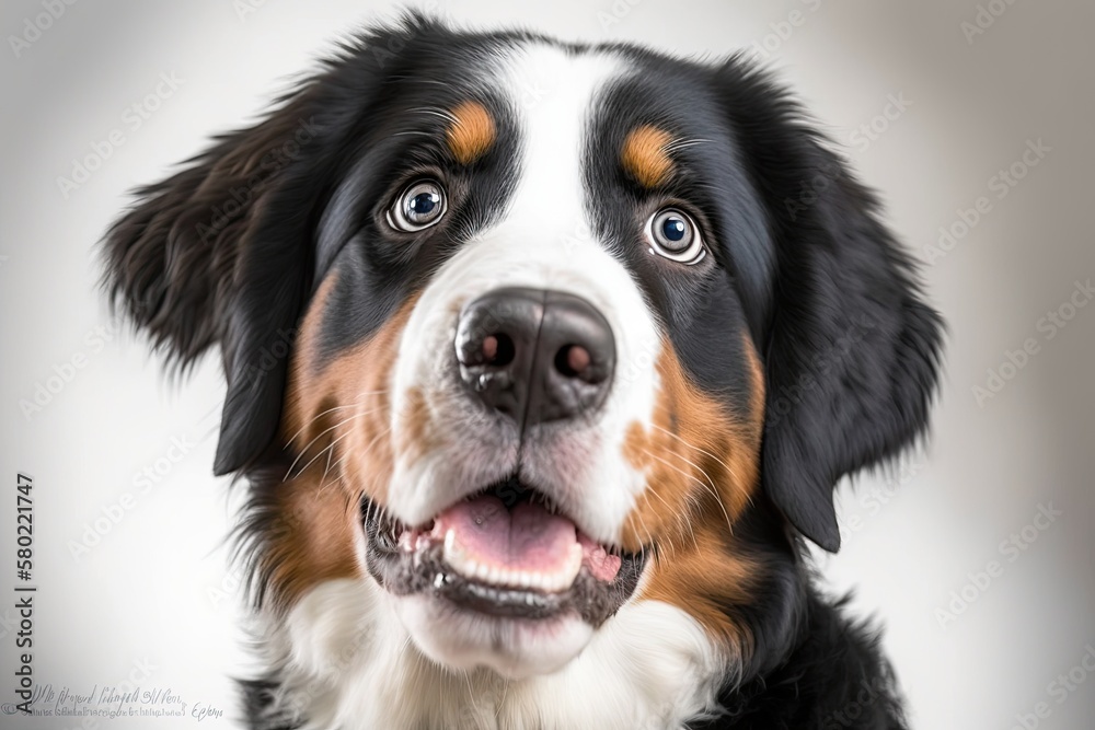 head shot of a young Bernese Mountain Dog that is panting, on a white background. Generative AI