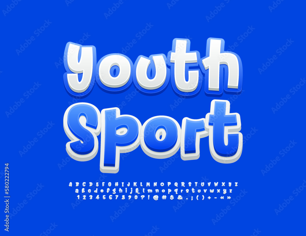 Vector bright Emblem Youth Sports. Funny Handwritten Font. Playful style Alphabet Letters and Numbers set Vector bright Emblem Youth Sports. Funny Handwritten Font. Playful style Alphabet Letters and Numbers set