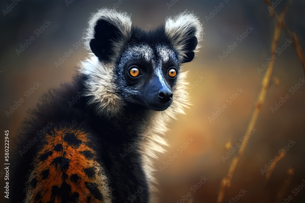 Bokeh picture of a ruffed lemur. Generative AI