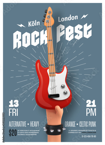 Rock festival invitation printing leaflet template. 3d rock stars hand holding red electric guitar. Music festival flyer vector illustration badge format. 