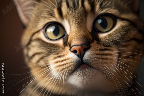 A close up view of a cat. Cute tabby cat's face as it licks its lips. Selective attention. The face of a domestic brown cat. Generative AI