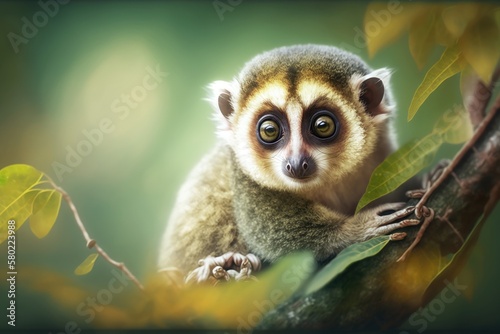 A cute little slow loris is climbing up a tree branch, and the green background is clear but blurry. This is a very detailed portrait of an animal that was taken in Sri Lanka. Generative AI