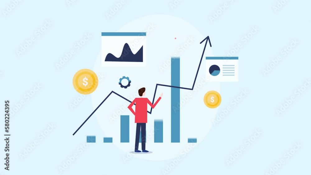 Businessman analysing stock market data financial information insights for investment opportunity, company revenue growth arrow upward conceptual video animation. Businessman analysing stock market data financial information insights for investment opportunity, company revenue growth arrow upward conceptual video animation.