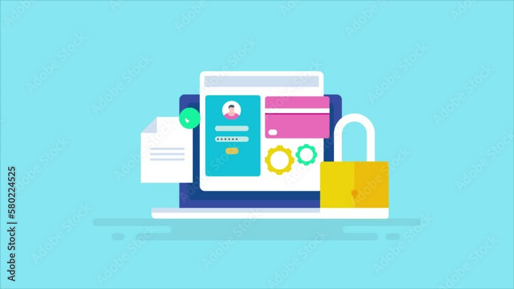 Laptop website login password key lock cyber security system, protecting online financial data and digital information concept, video animation. Laptop website login password key lock cyber security system, protecting online financial data and digital information concept, video animation.