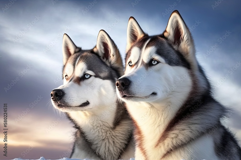 Two husky dogs from Siberia pose against a clear winter sky in this portrait. Sitting in the snow, huskies are a sight to behold. Generative AI Two husky dogs from Siberia pose against a clear winter sky in this portrait. Sitting in the snow, huskies are a sight to behold. Generative AI