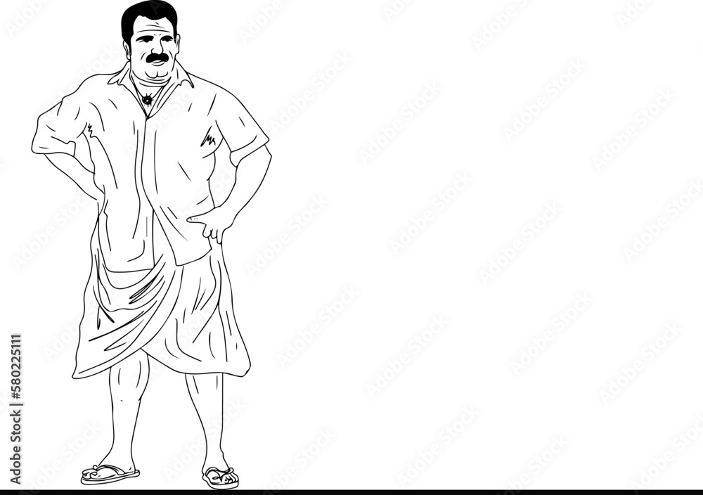 Line art vector illustration of South Indian man in standing pose wearing traditional dhoti kurta indian dress, South Indian man cartoon Character Line art vector illustration of South Indian man in standing pose wearing traditional dhoti kurta indian dress, South Indian man cartoon Character
