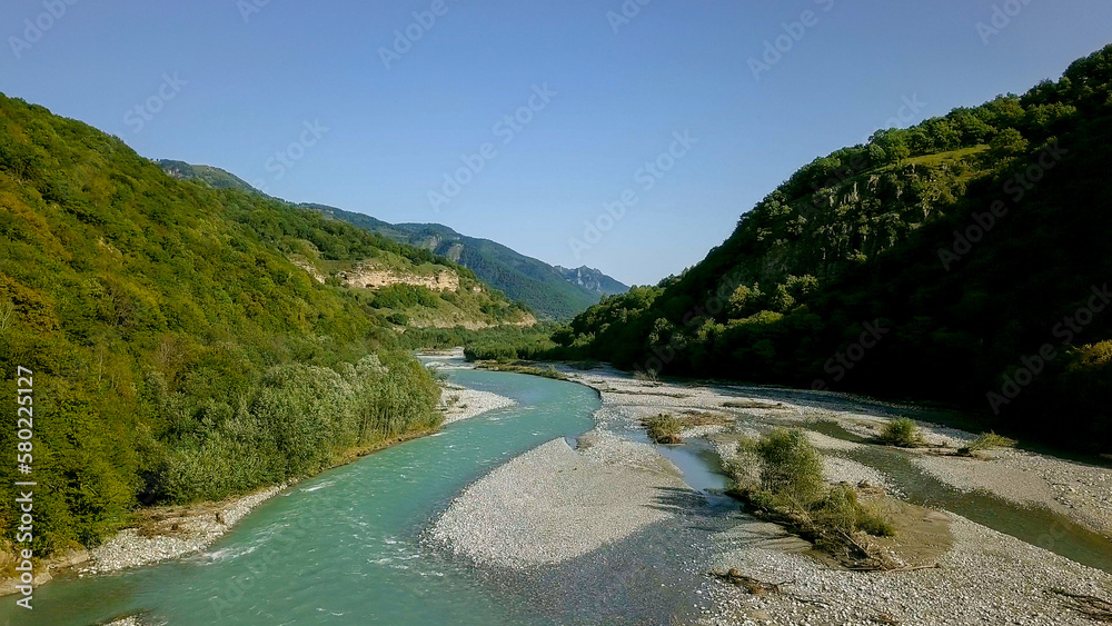 Flight over the Teberda River in the Caucasus Mountains. Karachay-Cherkess Republic, Russia