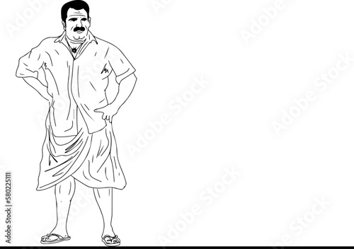 Line art vector illustration of South Indian man in standing pose wearing traditional dhoti kurta indian dress, South Indian man cartoon Character