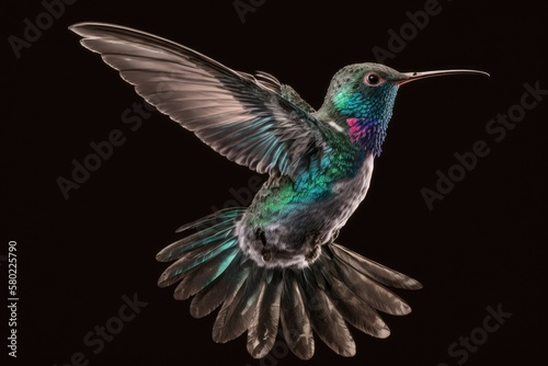 Against a black background, a Broad billed Hummingbird is flying. Generative AI
