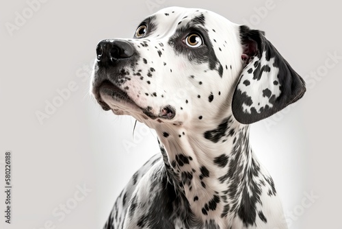 A picture of a Dalmatian dog with its tongue out  against a white background. Dog looks left. Blank space. Generative AI