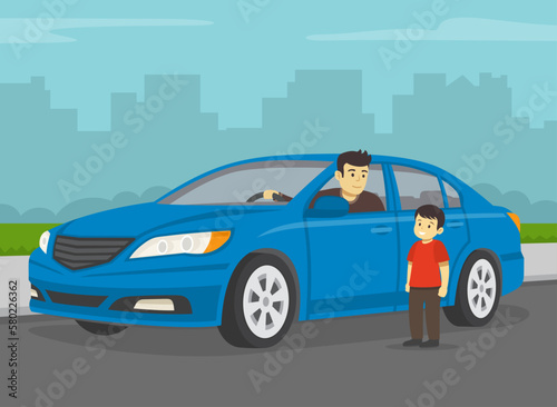 Male driver and boy talking each other at side of the road. Kid looking at driver beside blue sedan car. Front view. Flat vector illustration template.