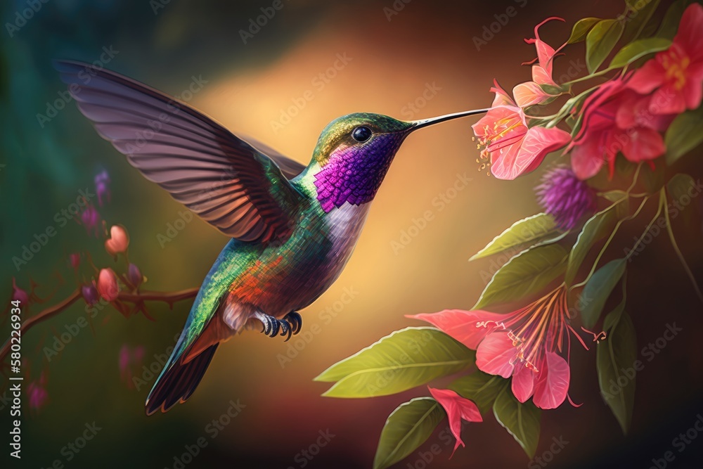 A hummingbird perches on a pink blossom. Flying Fiery throated Hummingbird in Costa Rica next to a stunning flower. Wild animal action in the tropics. Sunny day, bird in flight. Generative AI A hummingbird perches on a pink blossom. Flying Fiery throated Hummingbird in Costa Rica next to a stunning flower. Wild animal action in the tropics. Sunny day, bird in flight. Generative AI