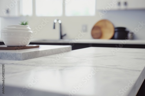 Generative AI. A modern marble kitchen countertop with decor and a copy space to mount your product display on top of a blurry modern kitchen space in the background.