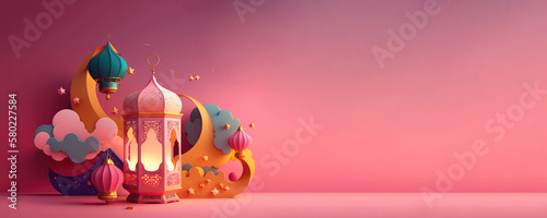 lantern ramadan islamic , eid mubarak banner with generative AI	