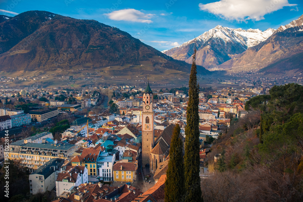Merano city centre aerial panoramic view. Merano or Meran is a town in South Tyrol in northern Italy. - obrazy, fototapety, plakaty 