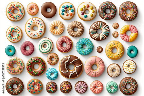 Sweet seamless dessert pattern with donuts illustration, texture background idea, created with Generative AI