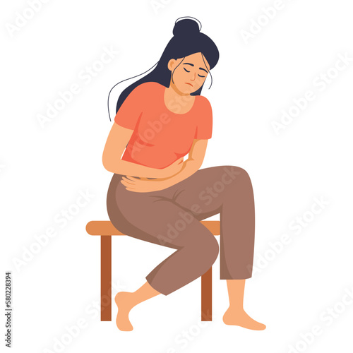 Isolated on white girl suffering from abdominal pain, vector illustration. Painful periods, colic in the abdomen, inflammation of the appendages, uterus, ovaries.