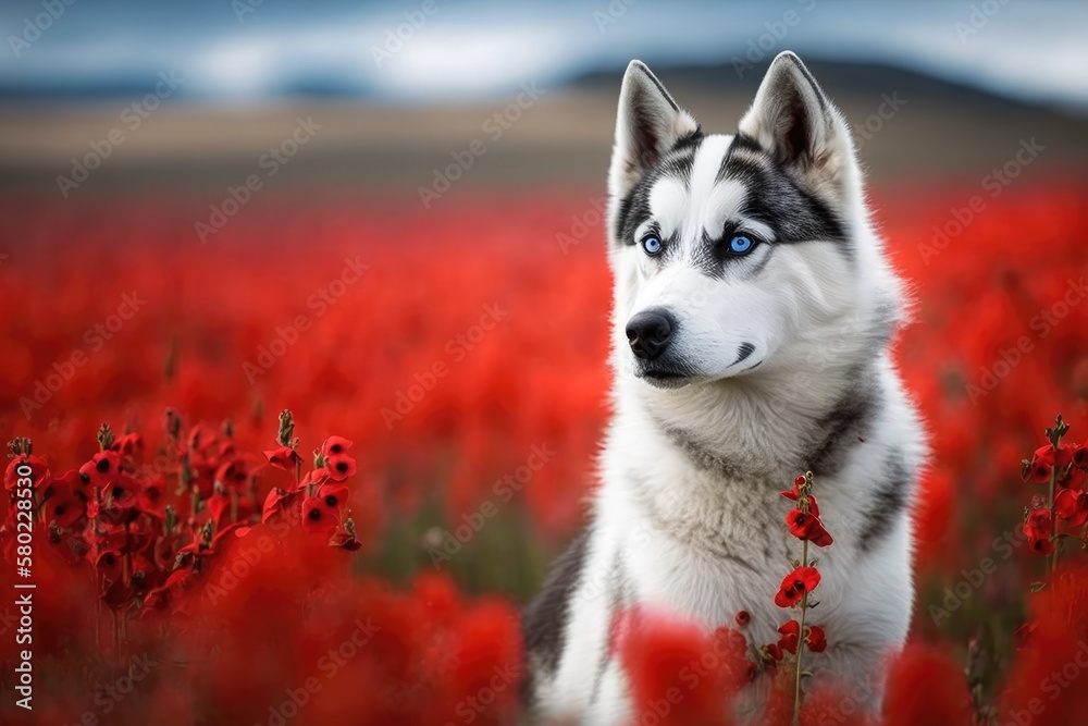 Photo of a husky in a poppy field. Generative AI
