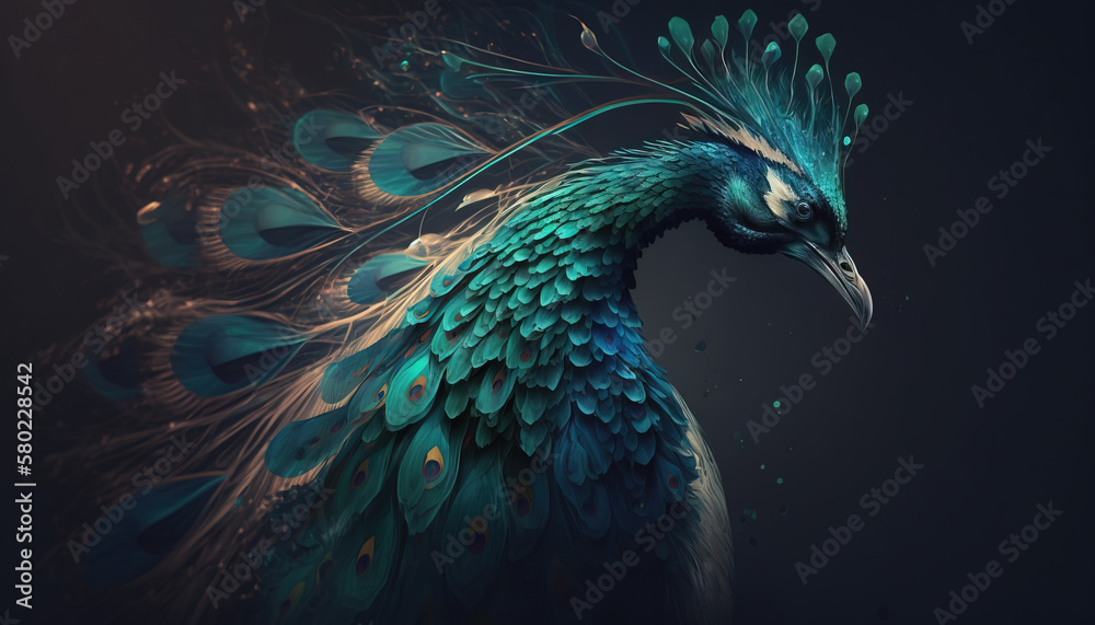 Fototapeta Peacock abstract wallpaper. Contrast background Peafowl in vivid colors generative ai