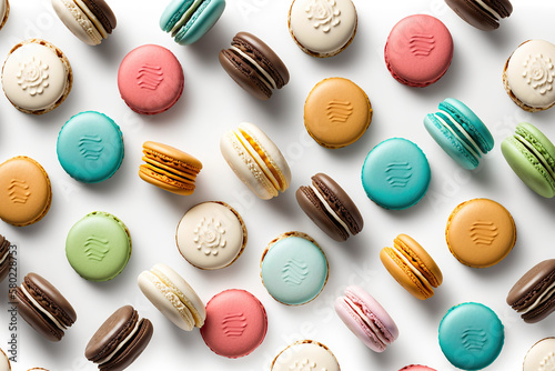 Sweet seamless colorful cake macaroon dessert pattern with macaron illustration, texture background idea, created with Generative AI