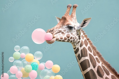 Collage in modern art. Concept A giraffe with bubble gum on a colored background. Funny animals. Generative AI © AkuAku