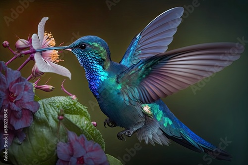 Animals of Peru. Big blue hummingbird (Great sapphirewing; Pterophanes cyanopterus); Yanacocha, Pichincha, Ecuador. Behavior of a bird in nature, taking nectar from a blossom. Generative AI