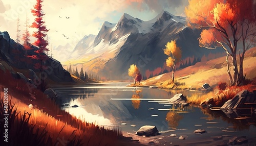 Autumn landscape with trees, river, and mountains, oil painting. Generative AI