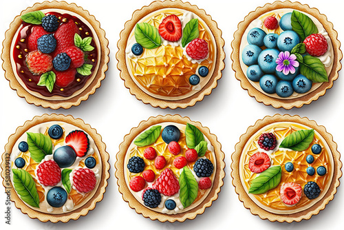 Colorful berry tartlets or cake for kitchen pattern. Pastry dessert from above  created with Generative AI