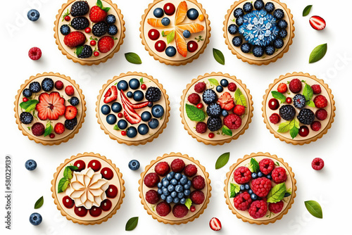 Colorful berry tartlets or cake for kitchen pattern. Pastry dessert from above, created with Generative AI