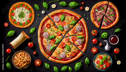 top view Italian food dishes and pizza on dark background, Generative ai