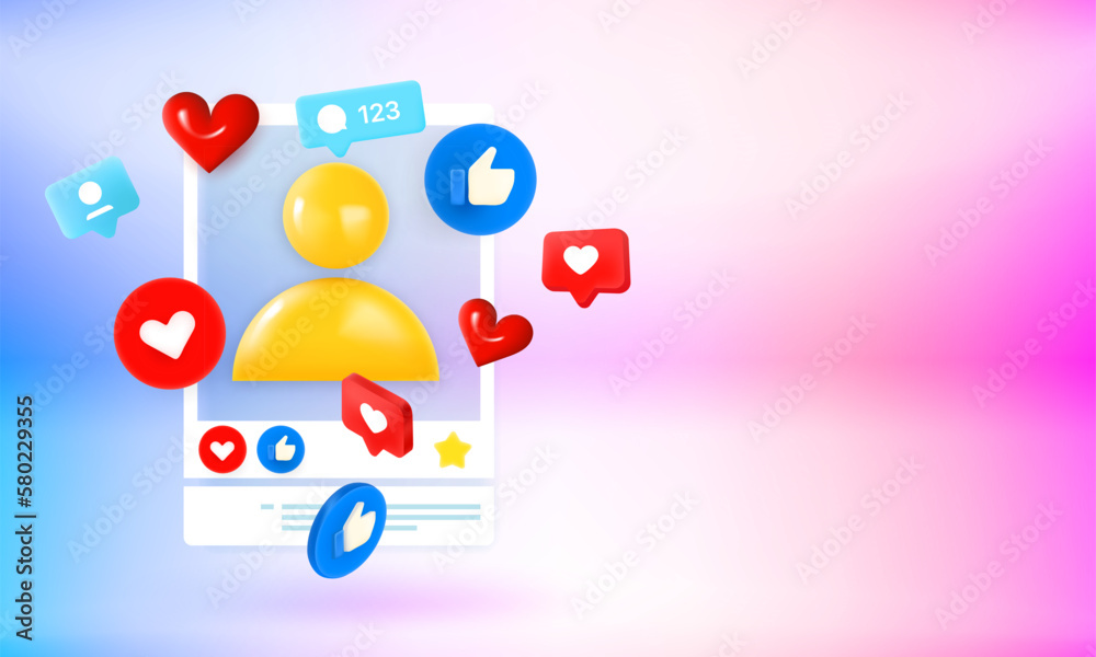 Social media reactions in web or mobile application concept. 3d vector banner with copy space