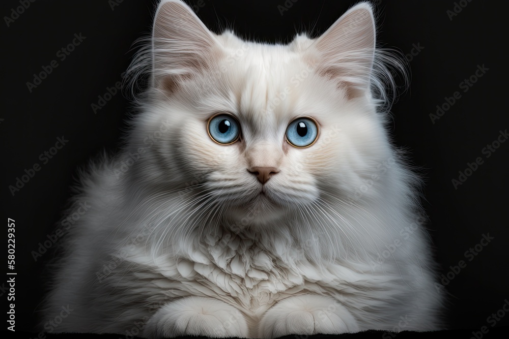 Adorable breed from Britain Front view of a white cat with blue eyes sitting and looking at the camera on a black background. Generative AI