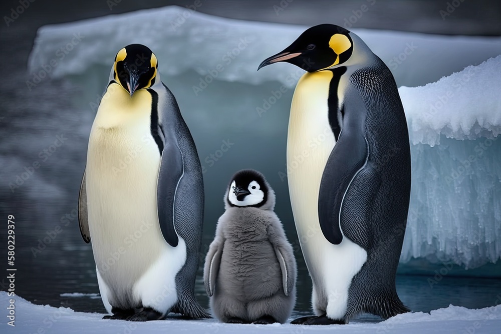 Fototapeta premium Emperor penguin family in Antarctica. Generative AI