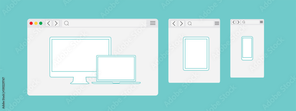 Set of Flat blank browser windows for different devices. Vector. Computer, phone sizes. Device Icons: smart phone and desktop computer. Vector illustration of responsive web design.