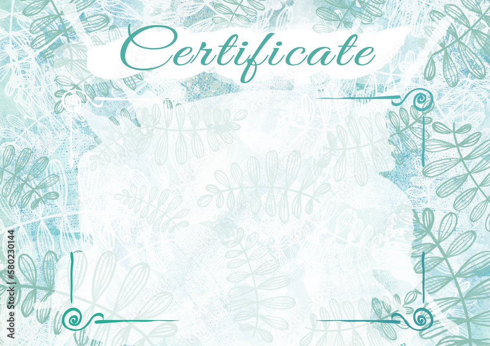 Certificate templatefor business design. Watercolor abstract frames, green, turquoise and blue gradient with tropical leave texture. Certificate, diploma for printing