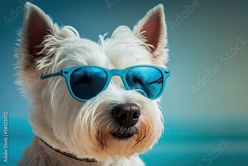 West highland white terrier dog with sunglasses on a blue background. Photo of good quality. Generative AI © AkuAku