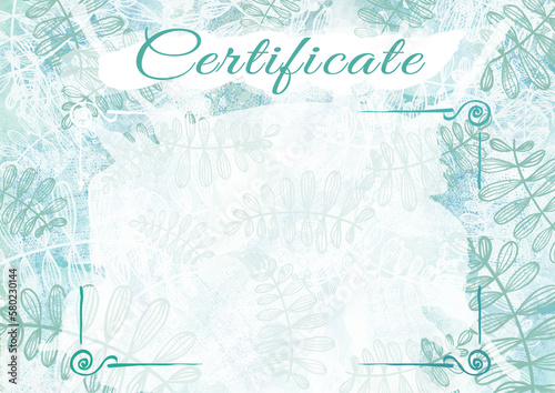 Fototapeta Naklejka Na Ścianę i Meble -  Certificate templatefor business design. Watercolor abstract frames, green, turquoise and blue gradient with tropical leave texture. Certificate, diploma for printing