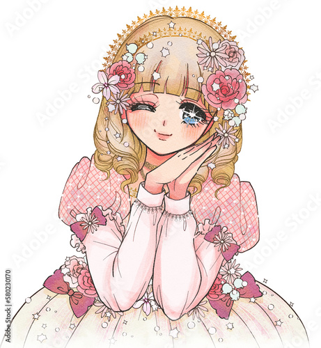 少女漫画イラスト・お花のドレスを着た金髪巻き髪のお姫様