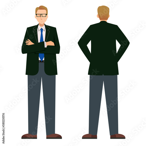 白人系男性のビジネスマンの立ち姿　前後のイラストセット　白バック
