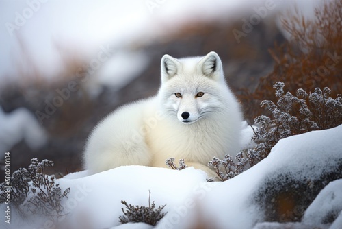 Arctic fox (Vulpes Lagopus) in the tundra in the winter. Close up of a white arctic fox. Generative AI photo