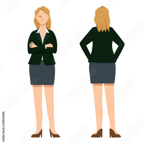 白人系女性のビジネスマンの立ち姿　前後のイラストセット　白バック
