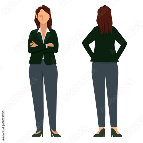アジア系女性のビジネスマンの立ち姿　前後のイラストセット　白バック