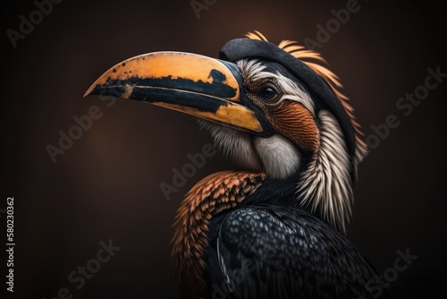 Hornbill in front of a dark background. Detail of bird's face. Hornbill up close. Poster bird. Photo with a spot for writing. Generative AI