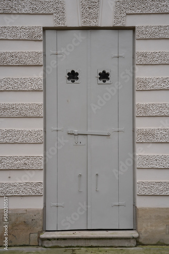antique iron doors with forging elements in the opening of the building
